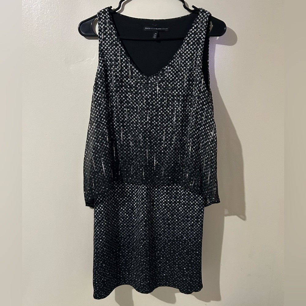 White House‎ Black Market Womens Dress XS Black Embellished Cape V Neck Flowly